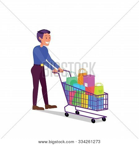 Caucasian Adult Man Walking With Shopping Cart Full Of Purchases. Flat Style Stock Vector Illustrati