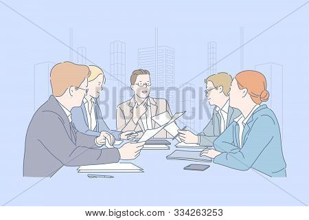 Teamwork, Meeting, Cooperation, Business Concept. Young Men And Women, Businessmen Make An Important