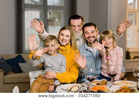 Merry Christmas, Thanksgiving Day, Holiday. Happy Family Are Having Dinner At Home. Grandfather, Par