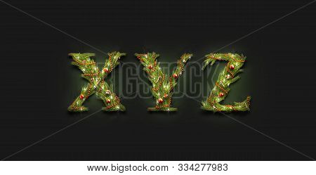 Decorative X Y Z Letters, Christmas Font Mock Up Darkness, 3d Rendering. Luminous Alphabet With Fir 