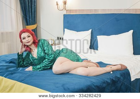 Sexy Woman In Green Stylish Sparkling Glitter Dress Ready For Christmas Party And Relaz By Waiting I