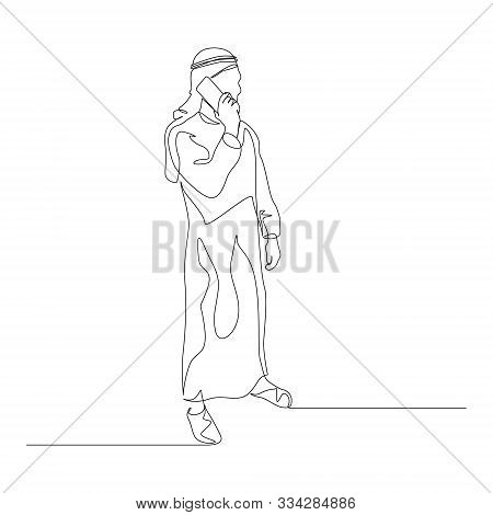 Continuous One Line Man In Arabic Clothes Talking On Smartphone. Vector Stock Illustration.
