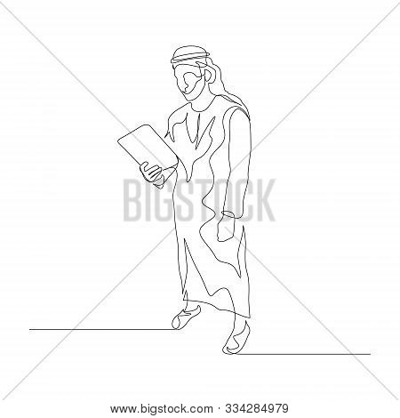 Continuous One Line Man In Arabic Clothes Use Tablet. Vector Stock Illustration.
