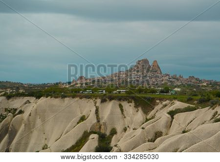 Sunrise Panoramic View To Goreme City, Uchisar And Pigeon Valley Cappadocia, Turkey