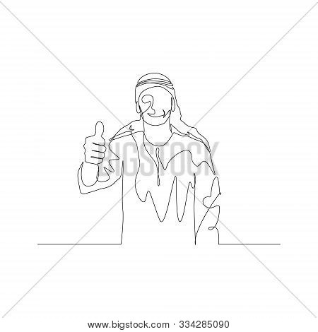 Continuous One Line Man In Arabic Clothes Shows Thumb. Vector Stock Illustration.