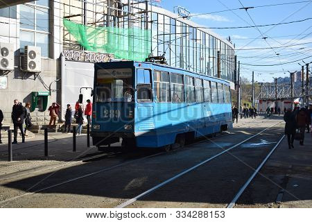 Vladivostok, Primorsky Krai, Russia - 10.27.2019: Old Tram Model Ktm-5. Stop On Lugovaya Square