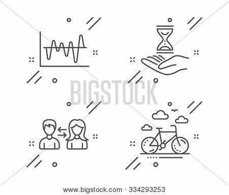 People Communication, Time Hourglass And Stock Analysis Line Icons Set. Bike Rental Sign. People Tal
