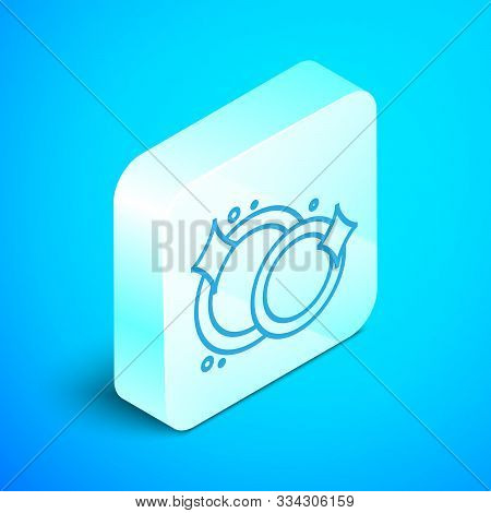 Isometric Line Washing Dishes Icon Isolated On Blue Background. Cleaning Dishes Icon. Dishwasher Sig