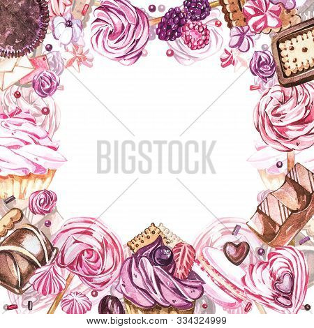Watercolor Sweets Collection. Watercolor Teamplate Of A Compositions Of Sweets, Cakes And Envelope. 