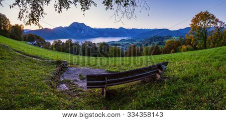 Peaceful Autumn Alps Mountain Lake With Clear Transparent Water And Reflections. Sunrise View To Tra