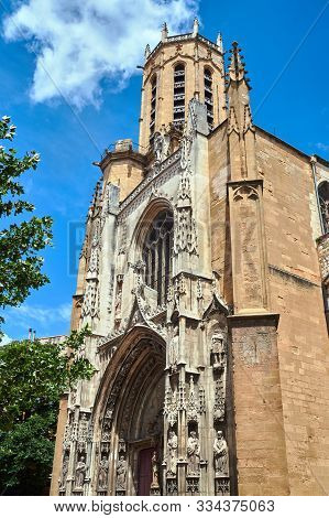 Facade And Belfry Of The Gothic Cathedral Of St-sauveur In Aix-en-provence, France