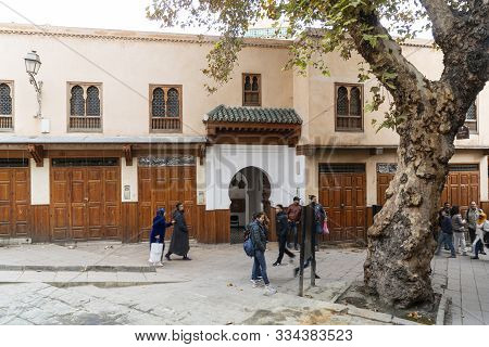 Fez, Morocco. November 9, 2019.   Tourists Walking In Seffarine Square