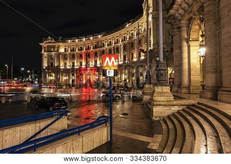 October 18,2019 Piazza Della Repubblica, Rome Italy. After Rain At Night  Piazza Della Repubblica Is