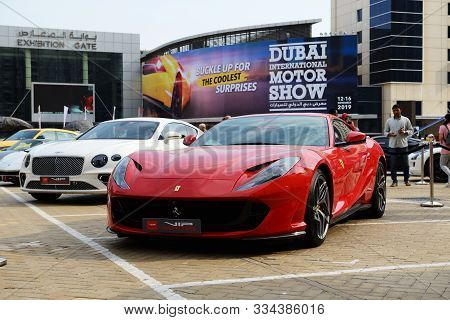 Dubai, Uae - November 16: The Ferrari 812 Superfast And Bentley Continental Gt Sportscars Are On Dub