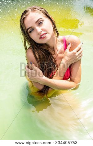 Wet Model Takes A Shower And Swims In Clothes, Wet Clothing, Wet Look Womens, Sauna And Swimming Poo