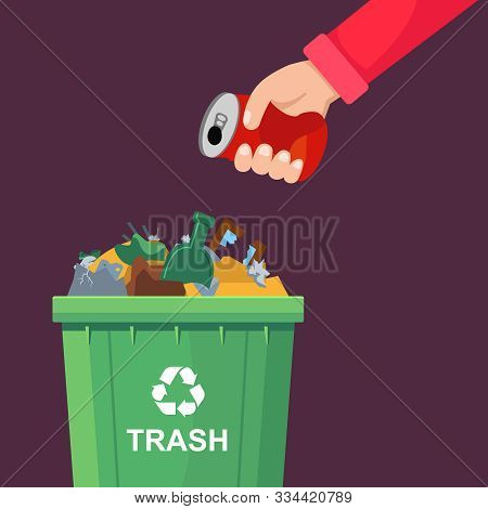 A Man Throws A Can In A Crowded Trash Can. Flat Vector Illustration