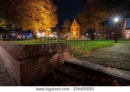 Tastefully Illuminated Old Town Square In The Center Of The Medieval Dutch Town Of Zwolle And Overij