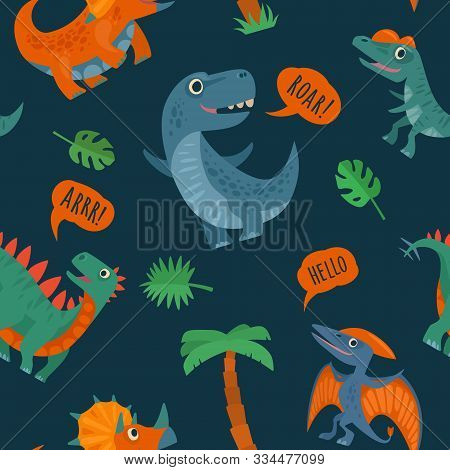 Seamless Pattern With Dinosaurs. Vector Colorful Flat Icon Isolated