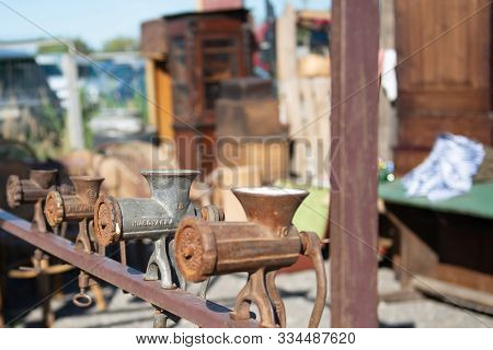 Moscow. Russia. September 2018. Flea Market. Sale Of Old Things. Meat Grinders Of Our Ancestors. Rus