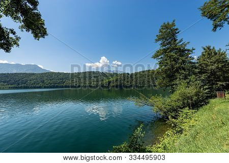 Lago Di Levico, Small Lake In Italian Alps, Levico Terme Town, Trento Province, Trentino Alto Adige,