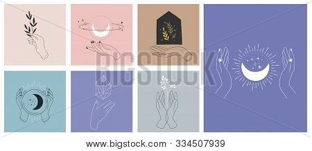 Collection Of Fine, Hand Drawn Style Logos And Icons Of Hands. Fashion, Skin Care And Wedding Concep