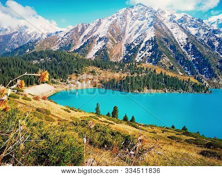 Spectacular Scenic Big Almaty Lake In Thetien Shan Mountains In Almaty, Kazakhstan, Central Asia Dur