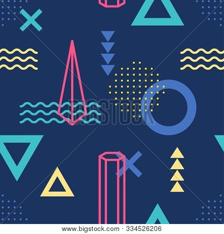 Abstract Geometric Seamless Patternt Of Various Symbols In Memphis Style, Retro Funky Graphic, 90s T