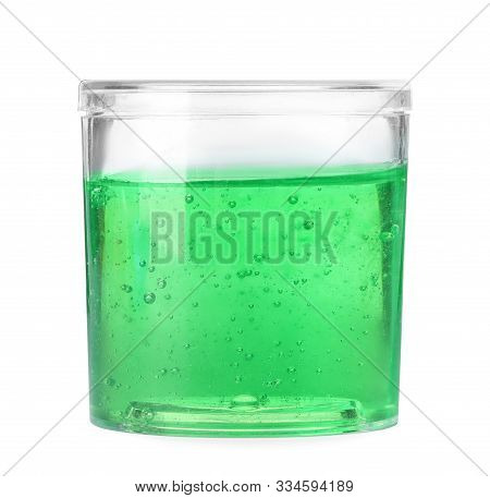 Green Slime In Plastic Container Isolated On White. Antistress Toy