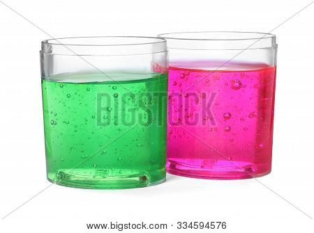 Colorful Slimes In Plastic Containers Isolated On White. Antistress Toy