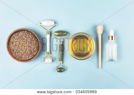 The Modern Apothecary Or Home Spa Composition. Selfcare, Relaxation And Beauty Items. Jade Rollers, 