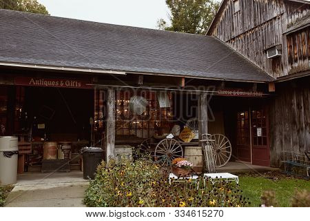 Bennington, Vermont - October 1st, 2019: Entrance To Antiques At Camelot In The New England Town Of 
