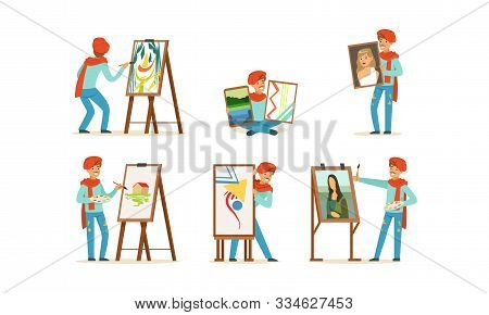 Artist Character Painting On Canvas Vector Set