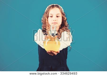 Science Research In Lab. Small School Girl. Education And Knowledge. Future. Child Study Bilogy Less