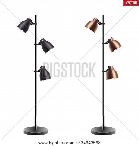 Set Of Decorative Floor Lamps. Original Sample Model With Vintage Brass And Black Stylish Cone Shade