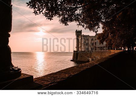 Dramatic View Of The Tourist Spot Castello Di Miamare (castle Of Miramare) In Trieste, Italy On The 