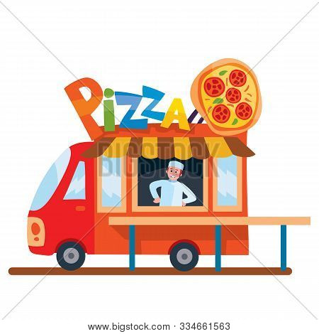 Mobile Truck With Street Fast Food, Isolated Object On A White Background, Vector Illustration