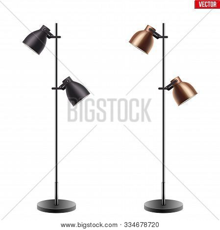 Set Of Decorative Floor Lamps. Original Sample Model With Vintage Brass And Black Stylish Cone Shade