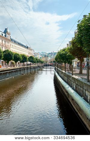 Karlovy Vary, Czech Republic - August 04, 2018 Perspective View Of The Outgoing River Tepla In The C