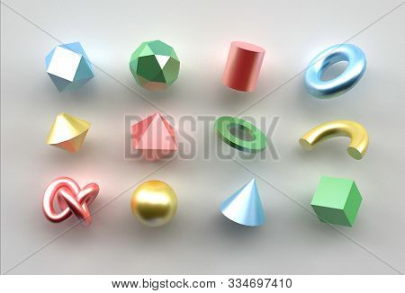 Set Of 3d Render Realistic Primitives On White Background. Isolated Graphic Elements. Spheres, Torus