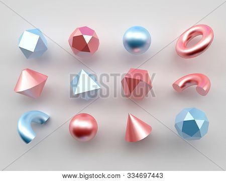 Set Of 3d Render Realistic Primitives On White Background. Isolated Graphic Elements. Spheres, Torus