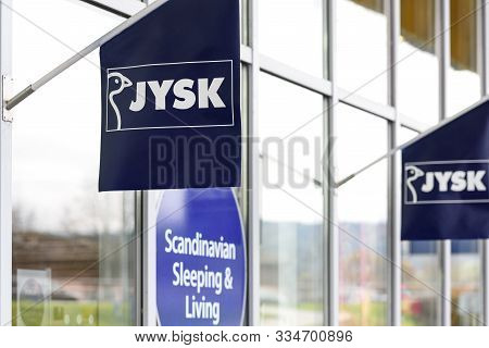 Bardejov, Slovakia - November 11, 2019: Exterior View Of The Jysk Store With Its Logo On The Flags. 