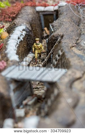 Soldier in trench, miniature scene outdoor