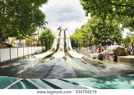 Water Park View , With Slides In Amusement Park