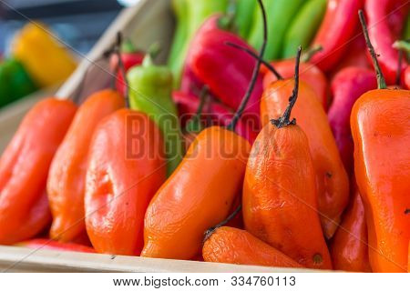 Peruvian Aji Amarillo Chili Peppers At A Street Food Market.