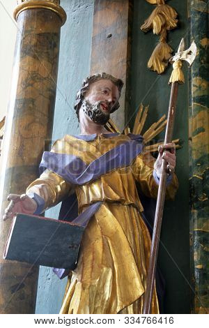 CAZMA, CROATIA - SEPTEMBER 26, 2011: Statue of Saint on the altar of the Saint Roch in the Church of Saint Mary Magdalene in Cazma, Croatia