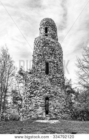 Spiral Lookout Tower Of Krasno. Unusual Stone Landmark Near Krasno Village, Czech Republic
