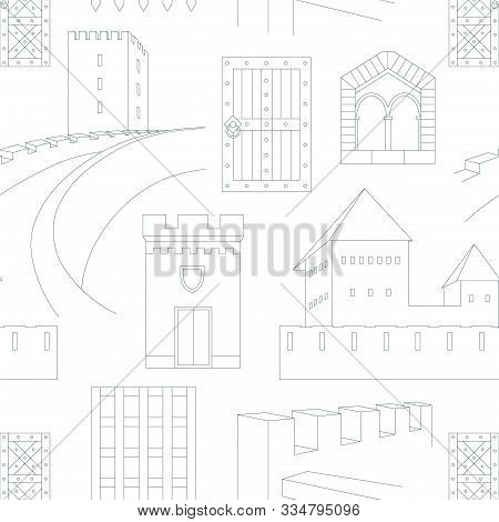 Seamless Pattern With Elements Of Medieval Castles On White Background. Can Be Used For Graphic Desi