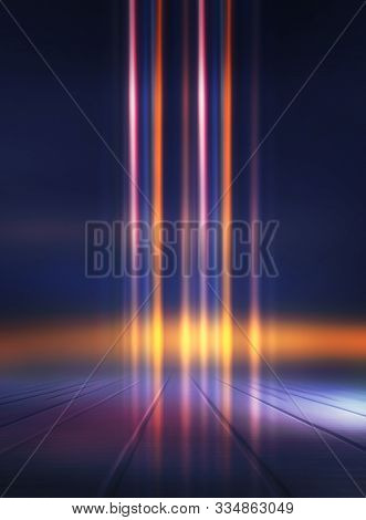 Empty Background Scene. Dark Street Reflection On Wet Asphalt. Rays Of Neon Light In The Dark, Neon