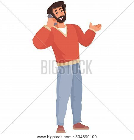 Vector Illustration Character Portrait Of Young Businessman, Holding And Talking On Smartphone. Outl