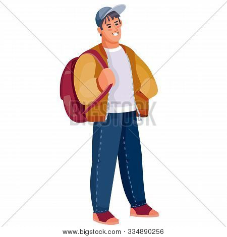 Teenager With A Backpack On A White Background Isolated Object, Vector Illustration, Determination, 